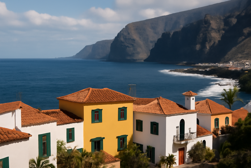 Blick auf die Küste von Teneriffa mit kanarischen Häusern.