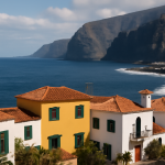 Blick auf die Küste von Teneriffa mit kanarischen Häusern.