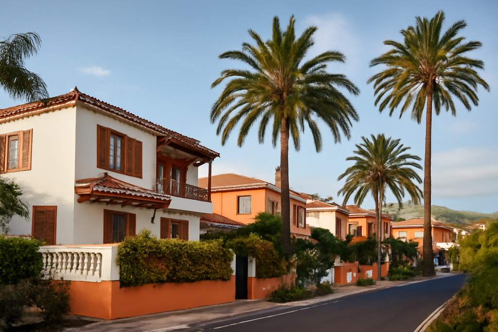 Typische Wohngegend in Teneriffa mit Häusern und Palmen.