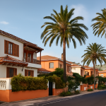 Typische Wohngegend in Teneriffa mit Häusern und Palmen.