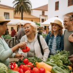 Menschen auf einem Markt in Teneriffa, die lokale Kontakte knüpfen.
