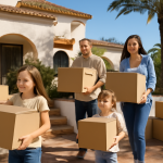 Familie zieht in ihr neues Zuhause in Spanien mit Umzugskartons.